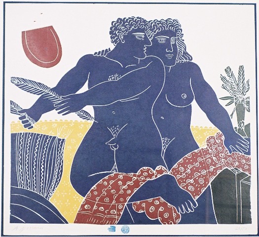 Φασιανός Αλέκος (1935), Ζευγάρι, έγχρωμο λινόλαιο, 49,5 x 57 εκ., 22/50, Πινακοθήκη Χαρακτικής Δήμου Ζϊτσας.